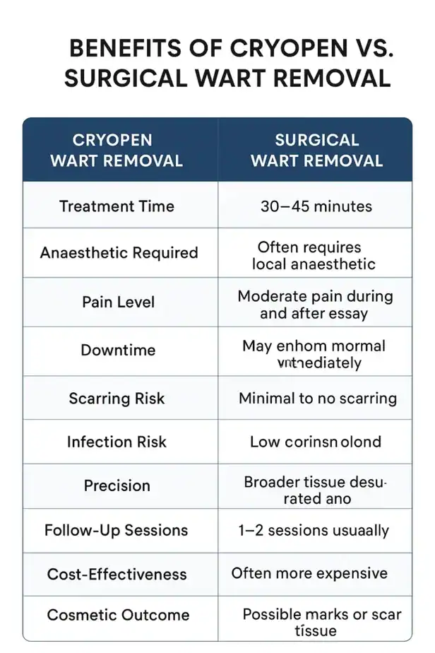 Table showing the benefits of cryopen to remove warts Bracknell compared to surgical treatment